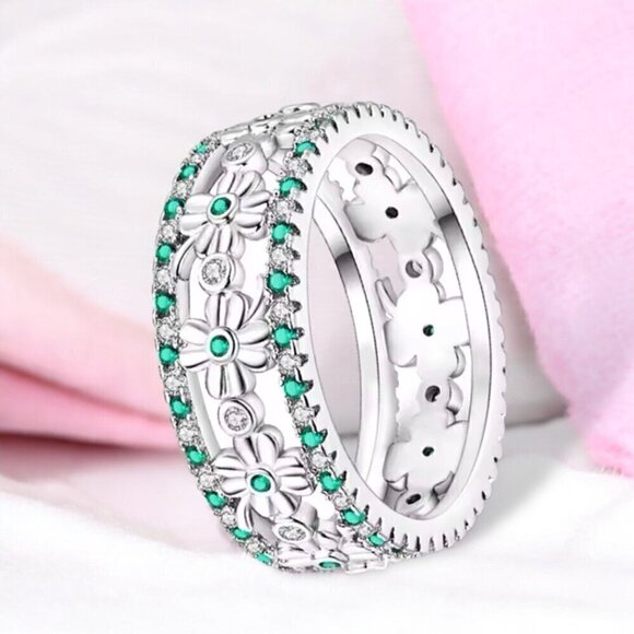 NWT Four Leaf Clover Band Ring S925 Sterling Silver Green Clear Zircon Sz. 7 - Picture 6 of 10